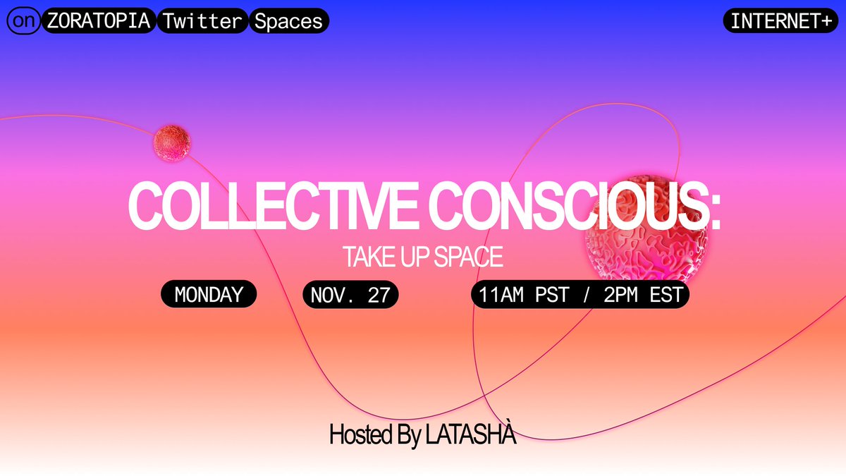TOPIA (@topiatv) on Twitter photo Tomorrow on Collective Conscious, we're talking with
<a href="/takeupspacehq/">take up space</a>
⚡️ Join the space and learn more about this community driven culture house Set reminder in next tweet Tomorrow on Collective Conscious, we're talking with
<a href="/takeupspacehq/">take up space</a>
⚡️ Join the space and learn more about this community driven culture house Set reminder in next tweet