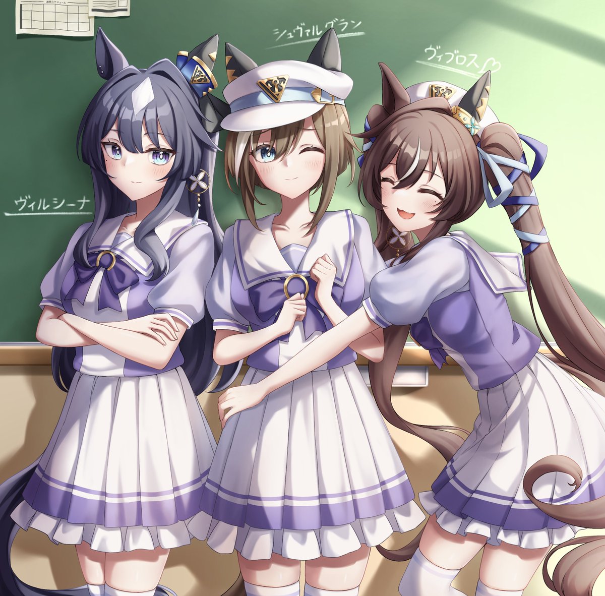 cheval grand (umamusume) multiple girls animal ears 3girls horse ears horse girl school uniform tail  illustration images