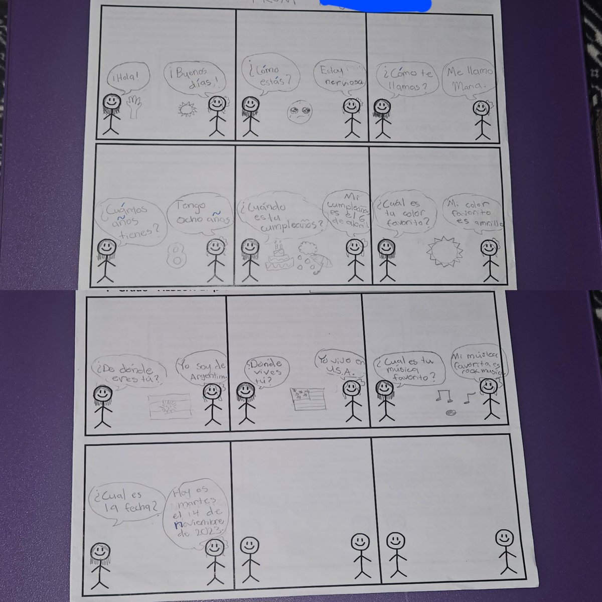 SraChupnick's tweet photo. Gr4 students @LyonsMill made comic strips in Spanish to show their "interview with a new student" &amp; used their ELA writing skills. 
@BCPS_Passport @OWLteamBCPS @bcpstv @MyriamYarbrough @BCPS_ELA #MarylandSealOfBiliteracy #CollegeAndCareerReady #LanguageIsLiteracy https://t.co/sQRtVY5L2M