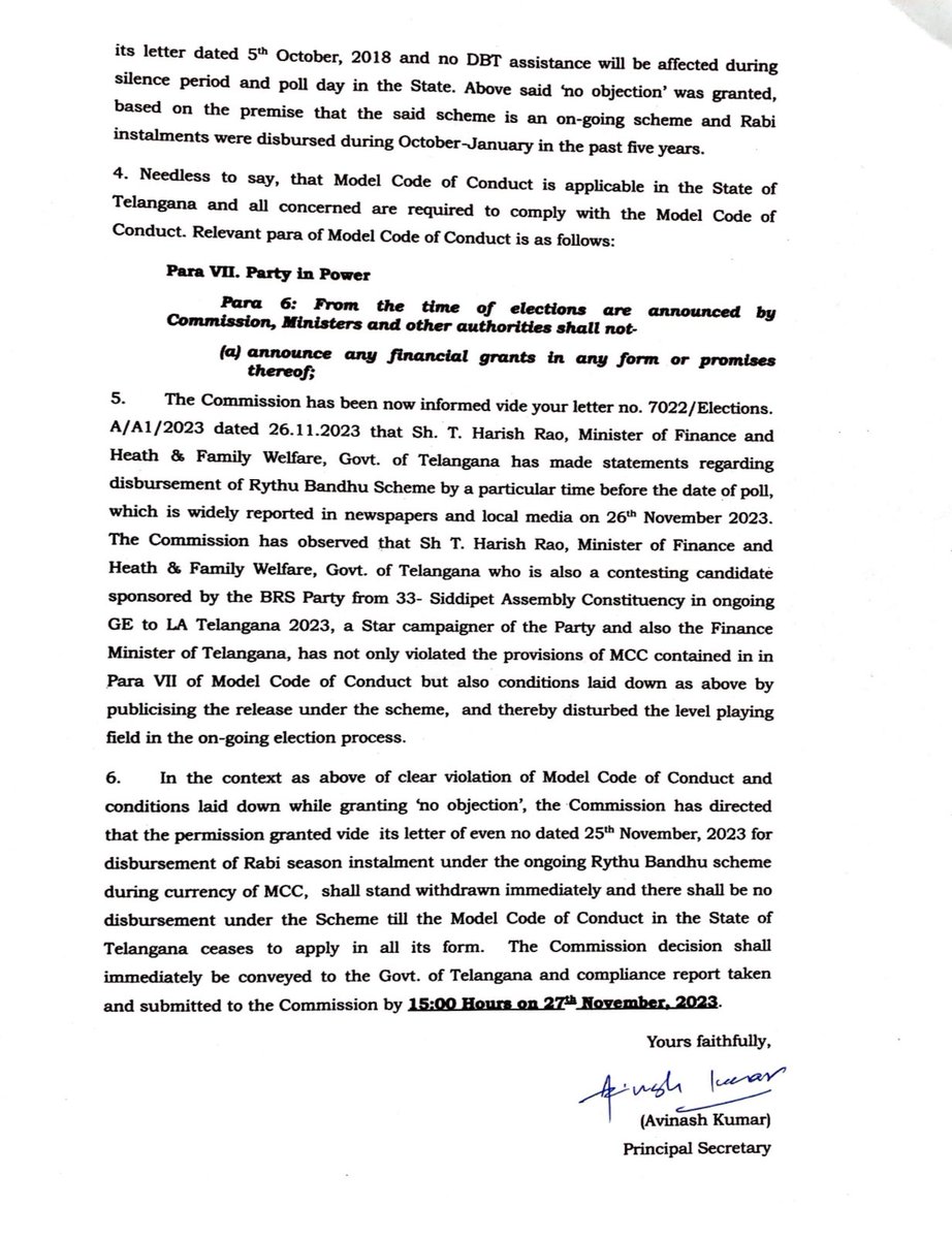 EC orders Telangana Govt to immediately stop disbursement of Rythu Bandhu scheme until the completion of Telangana Polls, withdraws earlier permission for disbursement of DBT.