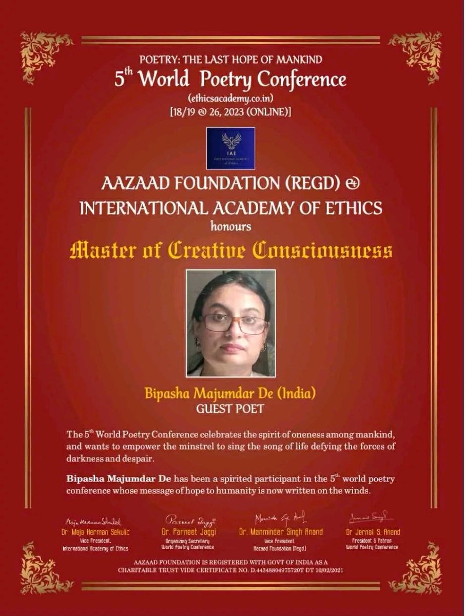 BIPASHADE1's tweet image. Thrilled to have rendered six poems of mine in the 5th World Poetry Conference held on 26.11.2023. Millions of thanks to Dr. J. S. Anand and his team for organizing this conference and giving me a wonderful opportunity for sharing my poems  with all the poets present there.