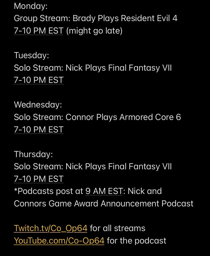 Weekly Schedule for November 27th - December 3rd