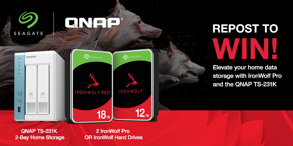 Elevate your storage experience! Win 2 x IronWolf Pro 12 or 18 TB Hard Drives, housed in a QNAP TS-231K 2-Bay Home NAS 1️⃣ Retweet this post 2️⃣ Follow @Seagate & @QNAP_nas on Twitter *Open to legal residents in T&Cs: seagate.media/6010iGy3g #Seagate #NAS #QNAP #IronWolfPro