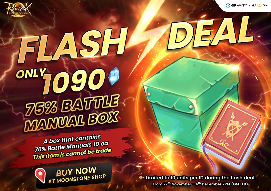 ROLandverse's tweet photo. Level up faster with the Battle Manual Box, available for only 1090 ๐
from November 27th to December 4th until 2 PM (GMT+8).
๐Play #RagnarokLandverse on PC!
โโ https://t.co/Bjoz2WayJq
#FirstWarCountdown #RagnarokOnline #Web3Gaming #PCMMORPG https://t.co/HpdHQzB7Xr