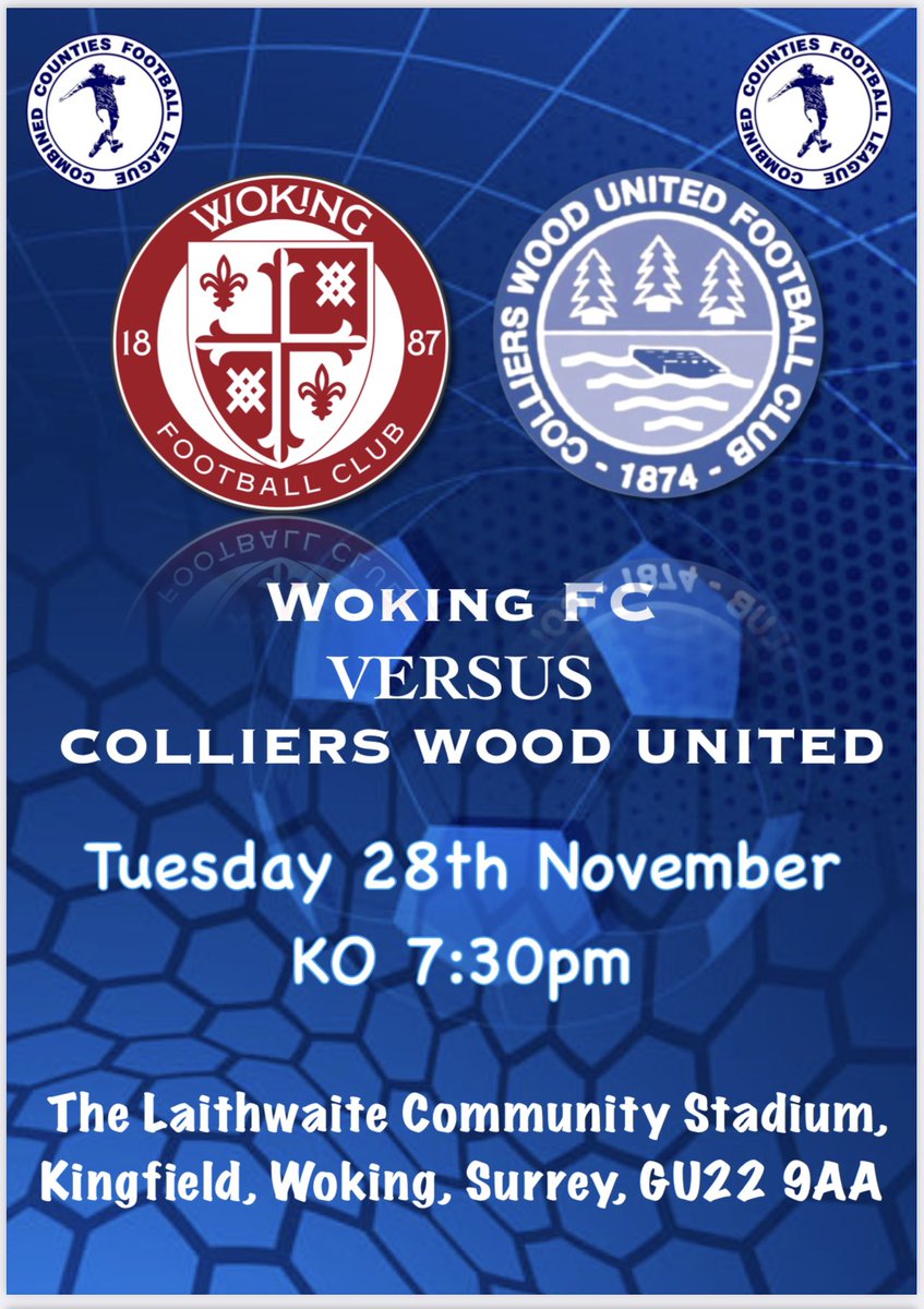 TOMORROW‼️⚽️
Come and join us away to Woking FC. All are welcome so come along and show your support for a local club! 🔵⚫️ 
🆚 <a href="/wokingfc/">Woking Football Club</a> 
🗓️ Tuesday 28th November 
⏰ KO 7:30pm
🏟️ The Laithwaite Community Stadium, Kingfield, Woking, Surrey, GU22 9AA