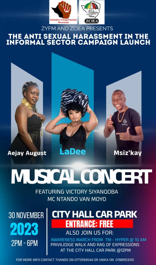 Msizkay's tweet photo. Let's link up at the Bulawayo City Hall Car Park this coming Thursday 30 November for a #MusicConcert to launch the Anti Sexual Harassment in the Informal Sector Campaign!!!
#NoExcuses #16Days #RespectIsAmust
@zwyoungfeminist @zcieazim https://t.co/TgI3XGsC4G