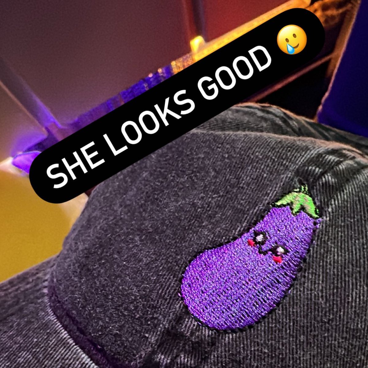 NimFaux's tweet photo. New Aubrey the Eggplant distressed dat hat has been added to the merch line! #LinkInReply #NimFauxGaming https://t.co/KhqsPRJY2e