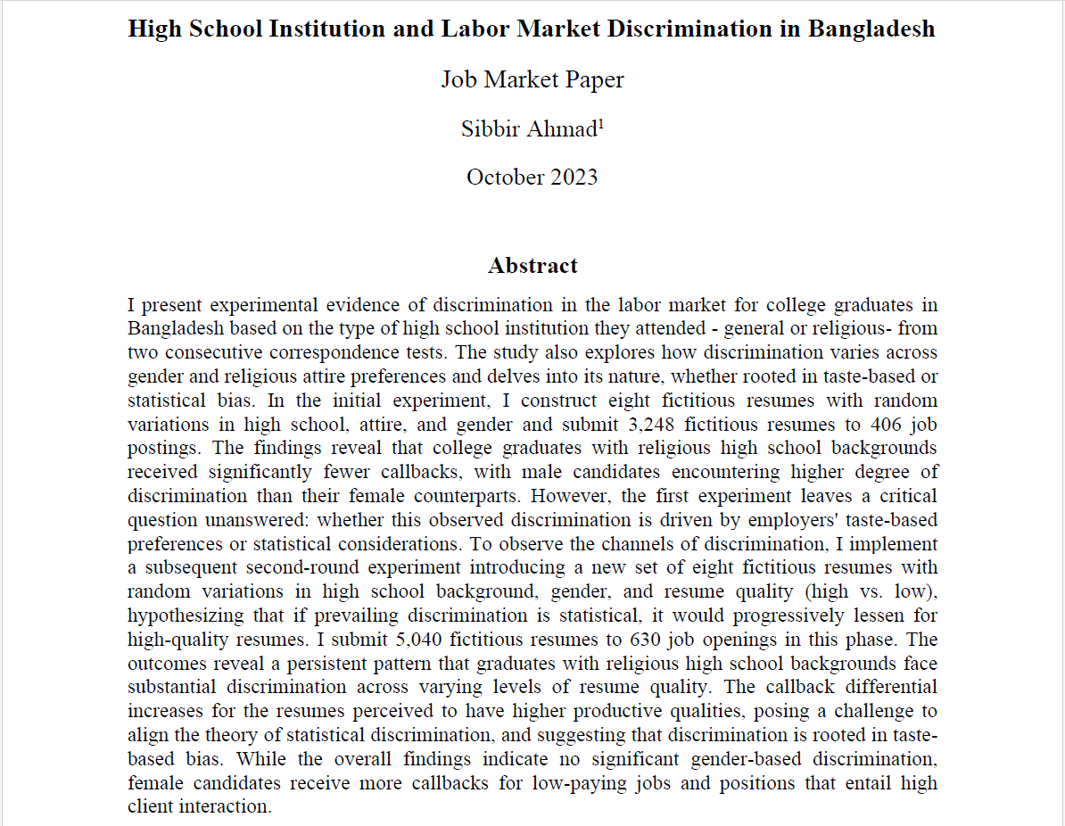 _Sibbir_Ahmad's tweet photo. Excited to share my #JMP on "High School Institution and Labor Market Discrimination in Bangladesh" #EconTwitter  
Interests: Applied Micro- Dev, Labor, Ag, Health
I am advised by
@SongqingJ, Theriault, Smale, Mason-Wardell, and
@jmwooldridge
Website: https://t.co/C6qXdR9Wqr
1/11 https://t.co/FCJMDugjdv