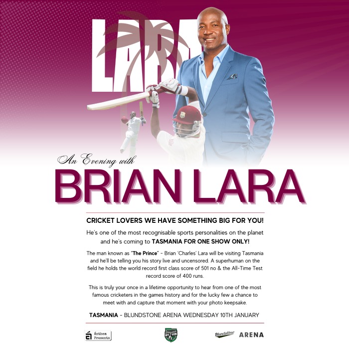 Cricket lovers this one is for you! 🏏

Known as “The Prince” – Brian ‘Charles’ Lara will be visiting Blundstone Arena, and telling you his story live and uncensored.

This is a pre-sale ticketed event: bit.ly/BLTAS 👀