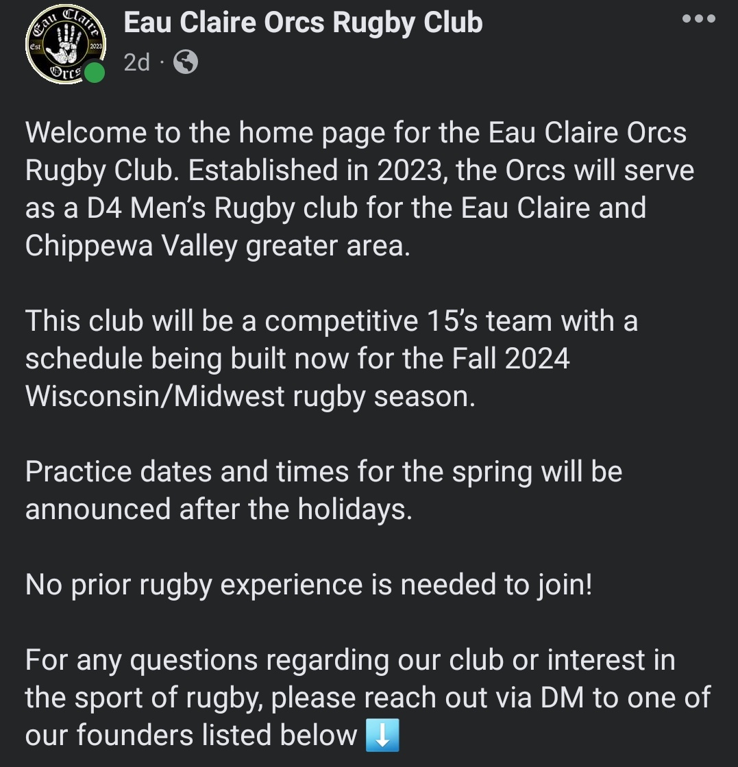 BadgerKings10's tweet photo. HUGE Wisconsin Rugby news, and news we crave to hear as another adult squad is forming up. Again expanding the footprint of our sport west, the Eau Claire Orcs Rugby Club are rising and looking to start D4 Men's plays next year. Looking for anyone around (veterans/newbies) 💛🖤🤍 https://t.co/YJmz94gkyu