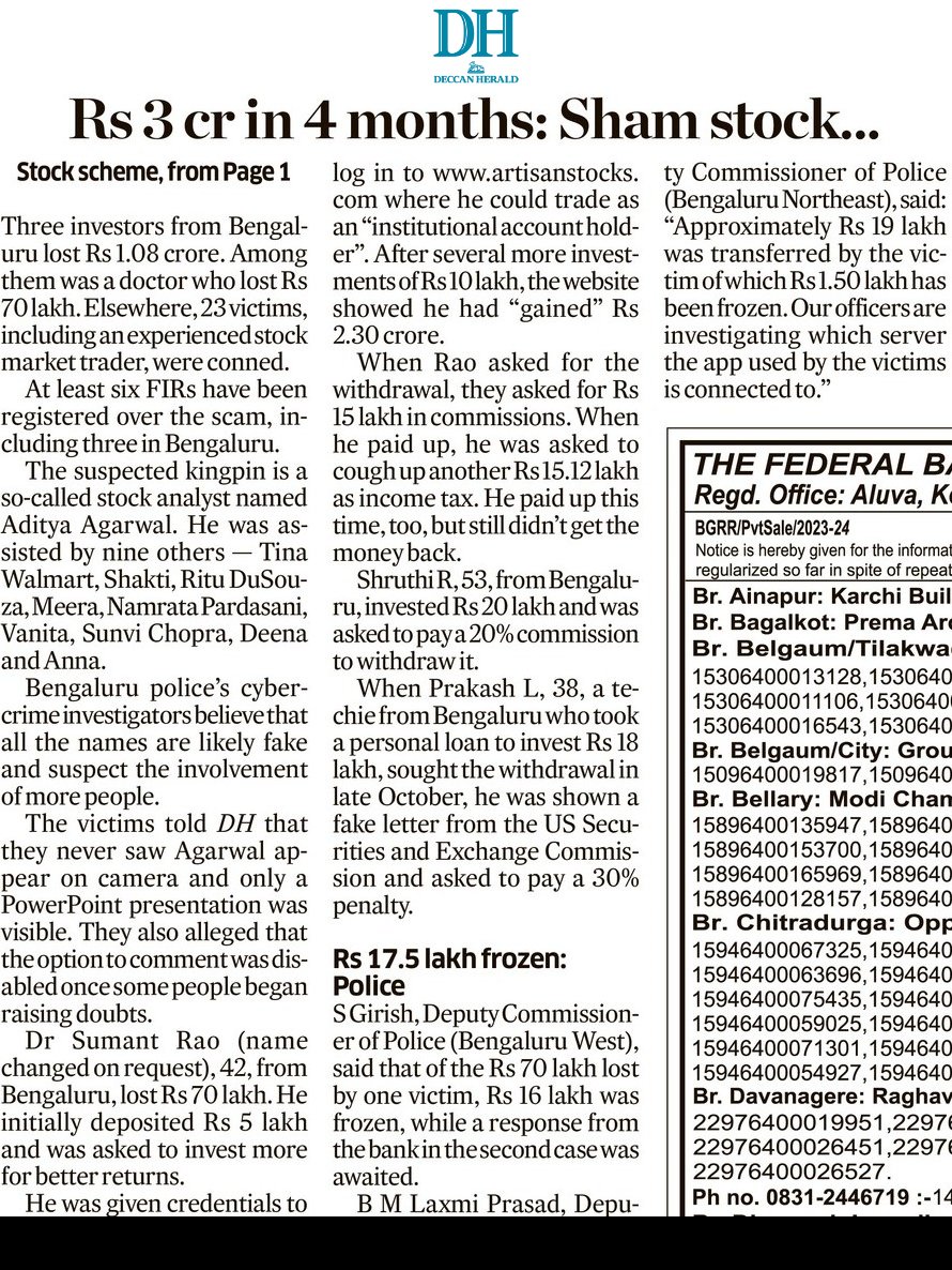 prajwaldza's tweet image. A @DeccanHerald #investigation into an online stock #investment scheme has revealed that the scamsters managed to con 26 victims in 10 states and 2 UTs. #Bengaluru #BreakingNews @WFRising @NammaBengaluroo @tweetbengalooru
Part 1 of the investigation 👇
deccanherald.com/india/karnatak…