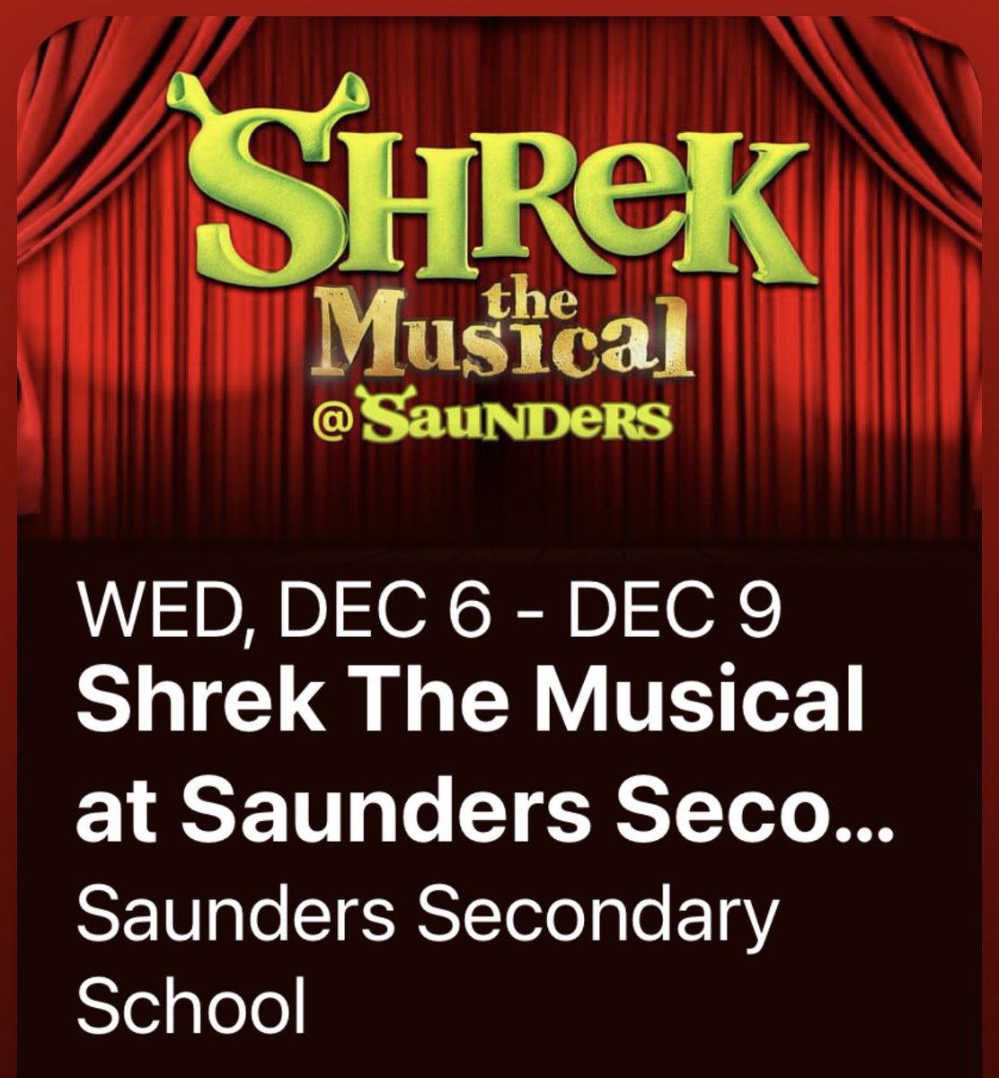 Shrek the Musical is playing at Saunders Secondary 7 p.m. Dec 6-9. Tickets are $15 each or get the online deal at bit.ly/ShrekAtSaunders! Cash only at the door. 

Join Shrek and Donkey on an epic quest to rescue Princess Fiona and conquer Lord Farquaad!