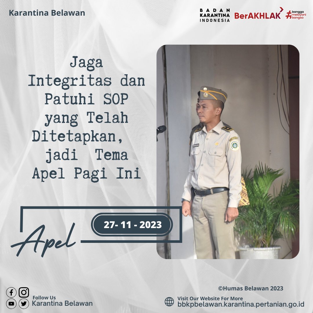 KarantinaBLW's tweet photo. Jaga Integritas dan Patuhi SOP yang Telah Ditetapkan,  jadi  Tema Apel Pagi Ini

SobatQ, hari ini (Senin, 27/11) Karantina Belawan melaksanakan apel pagi yang dilaksanakan dikantor induk. 

@BarantinRI https://t.co/JQddaZbf0G