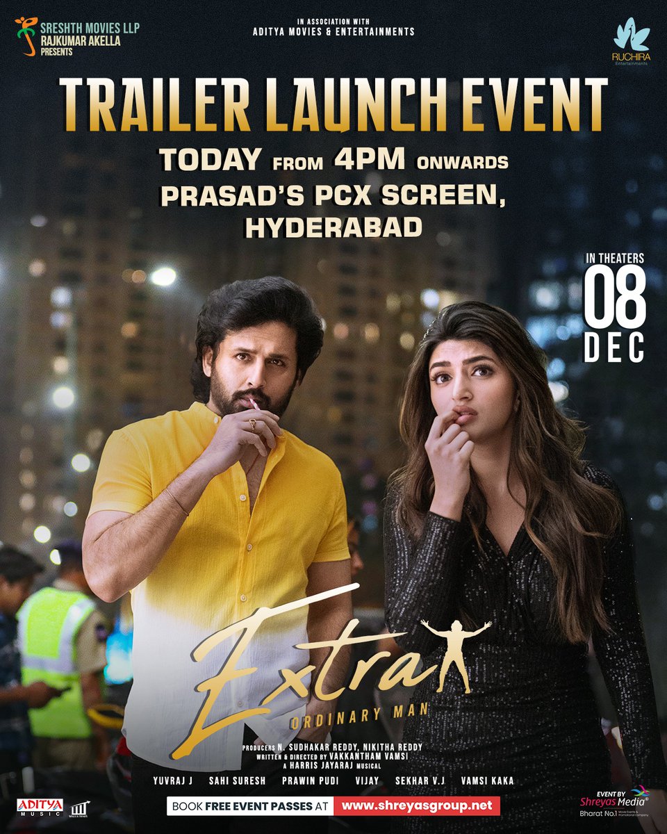 Meet you all at #ExtraOrdinaryMan Trailer Launch Event at Prasads PCX Screen, Hyd TODAY 4️⃣ PM. ❤️ #ExtraTrailer ❤️‍🔥 #ExtraOrdinary #ExtraOrdinaryManOnDec8th @actor_nithiin @ActorRajasekhar @sreeleela14 @Jharrisjayaraj #SudhakarReddy #NikhithaReddy @AlwaysJani @SreshthMovies…