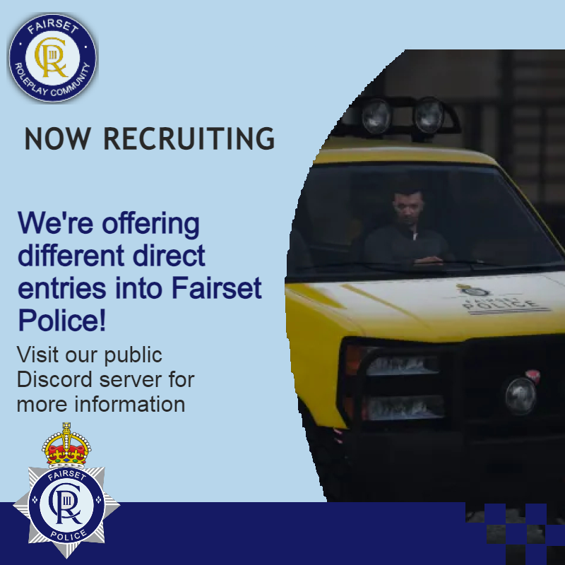 FairsetRPC's tweet photo. #Recruitment | We're currently looking to fill several positions across our policing divisions🚔
If you are an experienced individual and think you have what it takes, open a HR ticket in our public Discord server 👀
#Ficitional https://t.co/O7sgfgpRwD