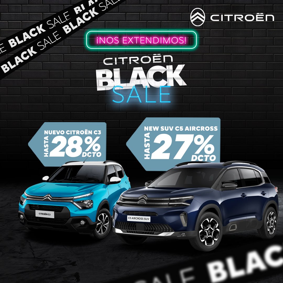 Alerta de buenas decisiones 📷📷el #CitroënBlackSale se extiende hasta el 30 de noviembre, conoce todos los modelos con descuento especial en nuestro Carstore, solo en bit.ly/49VOaPN 📷 ¡te esperamos!

#citroën #citroënchile