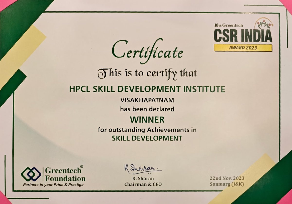 sdivisakh's tweet photo. SDI Visakhapatnam bestowed with 10th Greentech CSR India Award 2023 for outstanding achievements is Skill Development category, we thank all 20,000+ trainees, alumnis, trainers, stakeholders for their support in reaching this endeavour. https://t.co/EIGvGIORMU