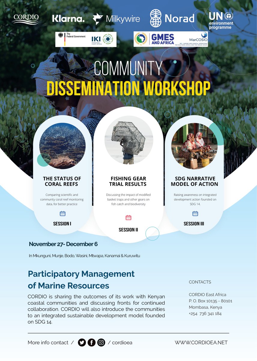 cordioea's tweet photo. For the next 10 days, we will be meeting members of the Mkunguni, Munje, Bodo, Wasini, Mtwapa, Kuruwitu &amp; Kanamai Beach Management Units (BMUs) to discuss the outcomes of collaborations this year. 🌊🪸🎣

Welcome to our #2023CommunityDissemination Workshop! https://t.co/46IJdhhOAv