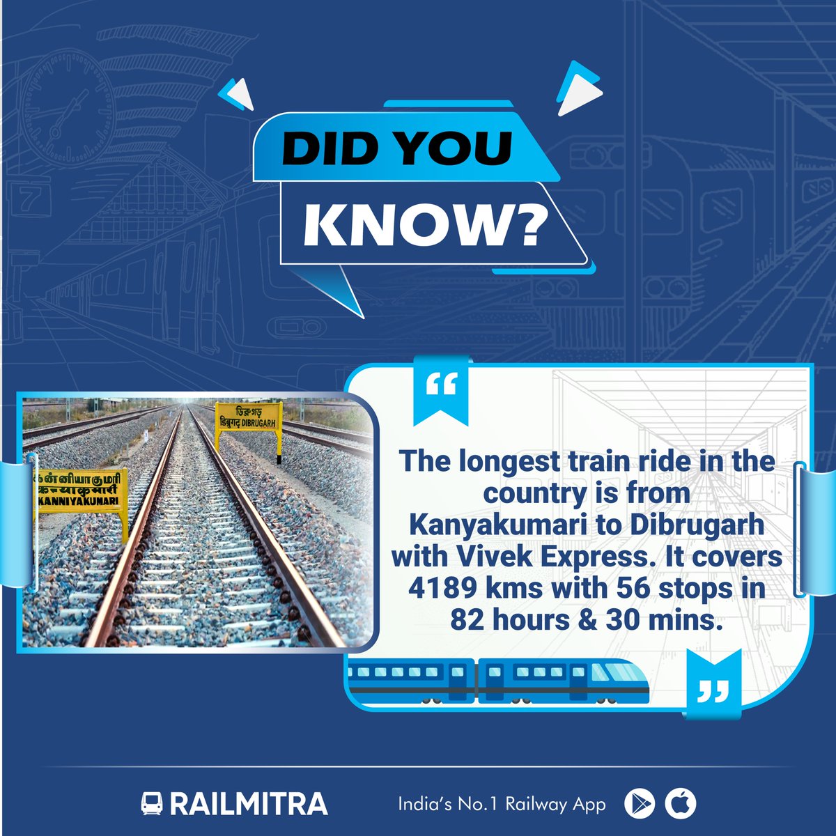 RailmitraaIndia's tweet photo. Interesting facts about Indian Railways. Have you ever traveled by this route, comment below.
For More info- Click Here: https://t.co/fauHuCpnr7
Download the RailMitra app.
#interestingfacts #India #railwaystations #foodontrain #orderfood #checkpnrstatus #trainroutes #traintime #kanyakumari #dibrugarh #railmitra #railrestro #longestrainride #indianrailways #centralrailways