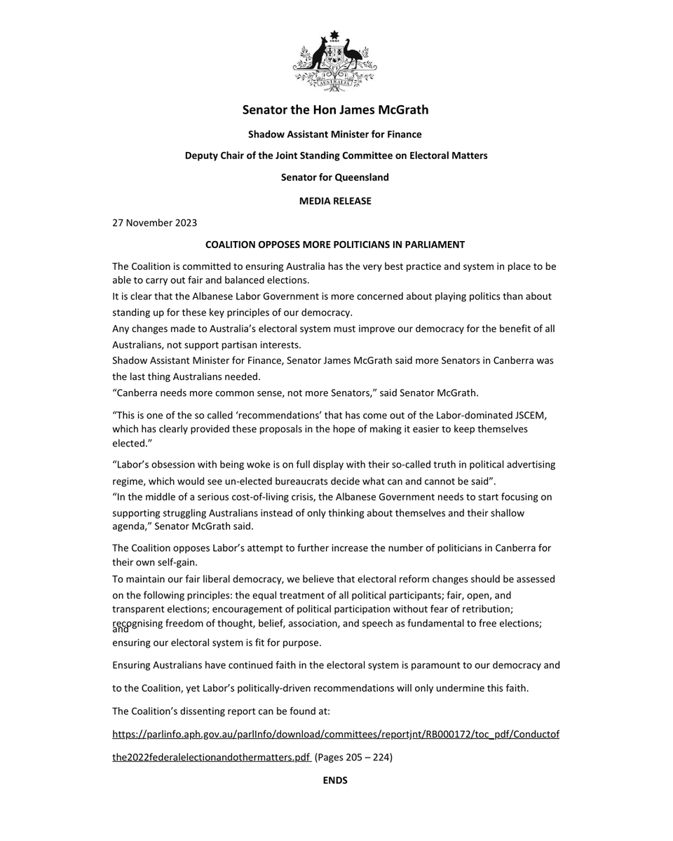 SenatorMcGrath's tweet photo. Canberra needs more common sense, not more politicians.

Dissenting Report: https://t.co/I6iKcPydv2 https://t.co/nqCQg2IvAL