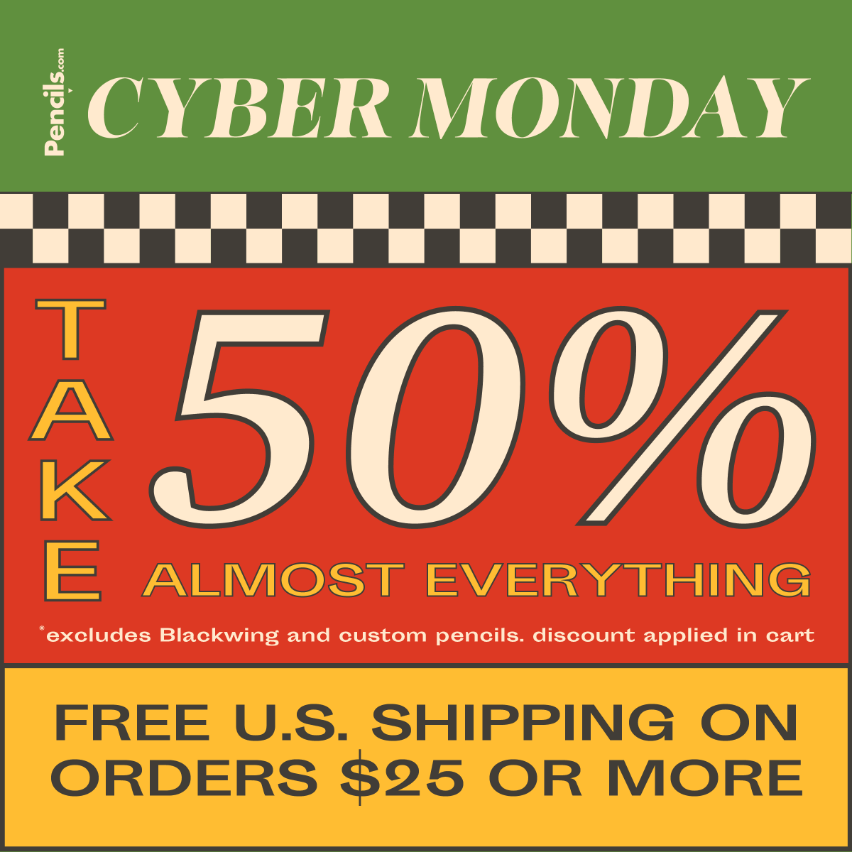 pencilscom's tweet photo. Cyber Monday is here! Today only (11/27), Take 50% off almost everything. Plus, free US shipping on orders of $25 or more. Free Blackwing 602 with every $20 spent and Free Blackwing Beanie on orders of $100 or more. Cyber Monday Sale: https://t.co/YssMkLjTDZ https://t.co/b3buXWjWVi