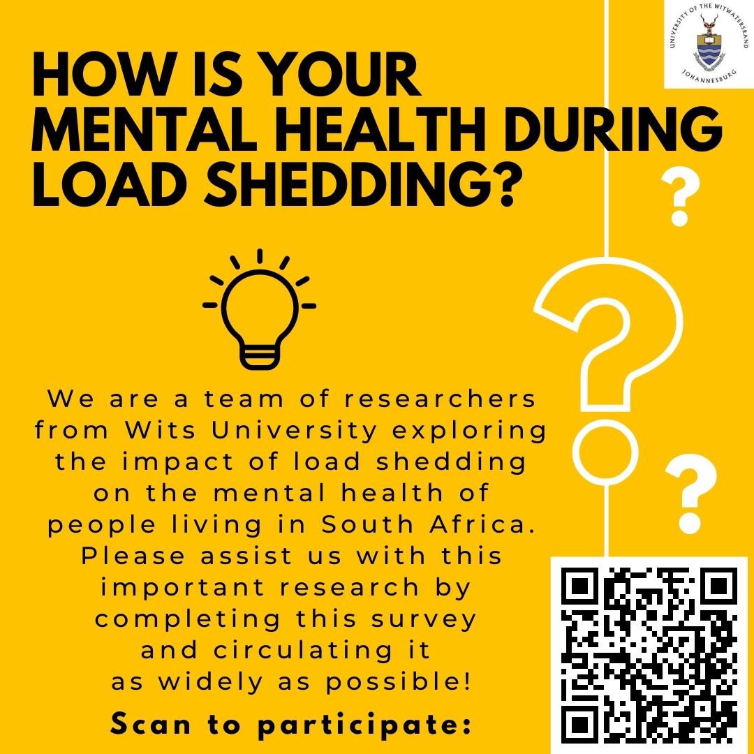 marchettimercer's tweet photo. @StephenGrootes @SAfmRadio Loadshedding is having a devastating impact on people’s mental health. We are a group of Wits researchers investigating this 
Please assist us by completing this survey https://t.co/yqDL6YdTGm