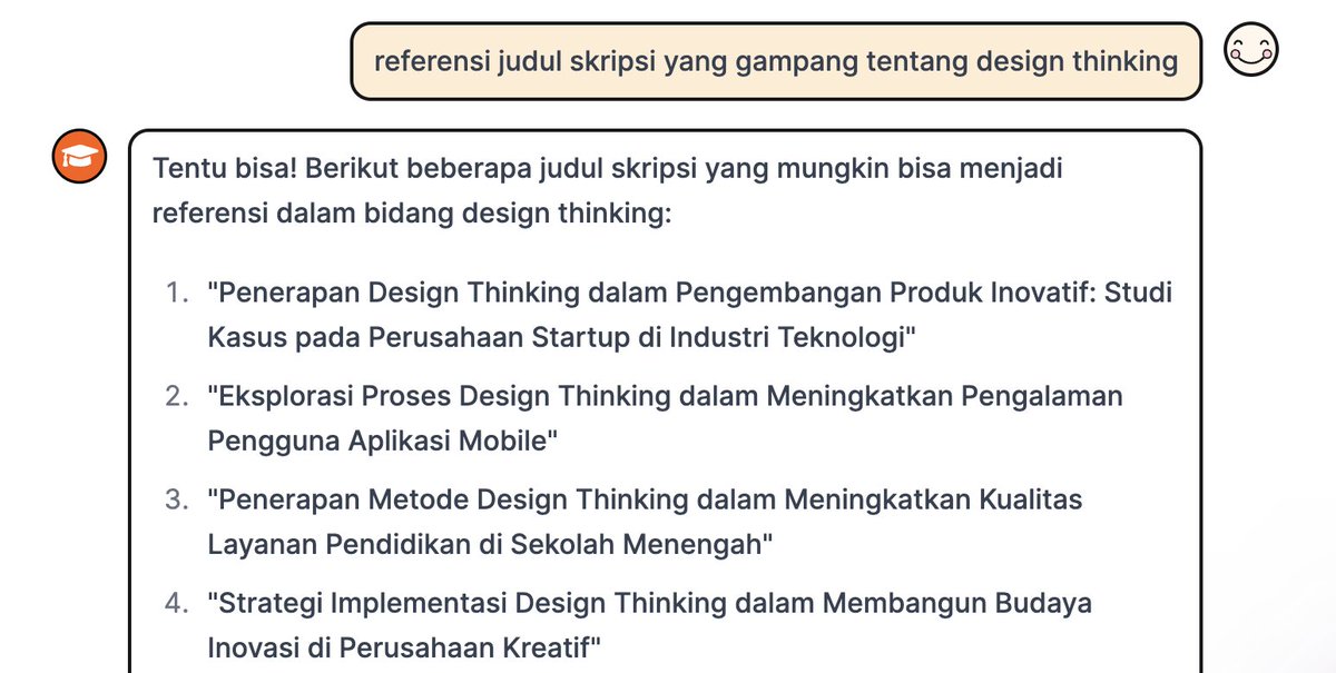 somai_id's tweet photo. 6. Generate judul skripsi pake AI.

Suara presiden aja bisa di-generate pake AI, apalagi judul skripsi 😃. Coba main ke chatbot AI yg gaul dan khusus buat skripsian di https://t.co/1zQdY0c1ow trus tanyain deh judul skripsi yg pas sesuai dg topik kesukaan lo ✨ https://t.co/8FEqnEvdE1