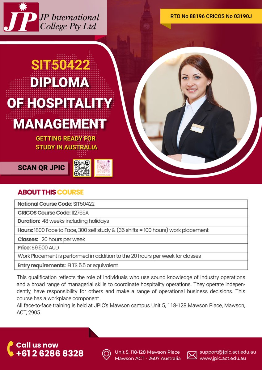 JP International College (@jpinternation15) on Twitter photo SIT50422 Diploma of Hospitality Management
For more information:
jpic.act.edu.au
marketing@jpic.act.edu.au
+61 262868328
#JPIC
#StudyInAustralia
#HospitalityEducation
#CanberraCollege
#GlobalHospitality
#ManagementCourses
#BusinessEducation SIT50422 Diploma of Hospitality Management
For more information:
jpic.act.edu.au
marketing@jpic.act.edu.au
+61 262868328
#JPIC
#StudyInAustralia
#HospitalityEducation
#CanberraCollege
#GlobalHospitality
#ManagementCourses
#BusinessEducation