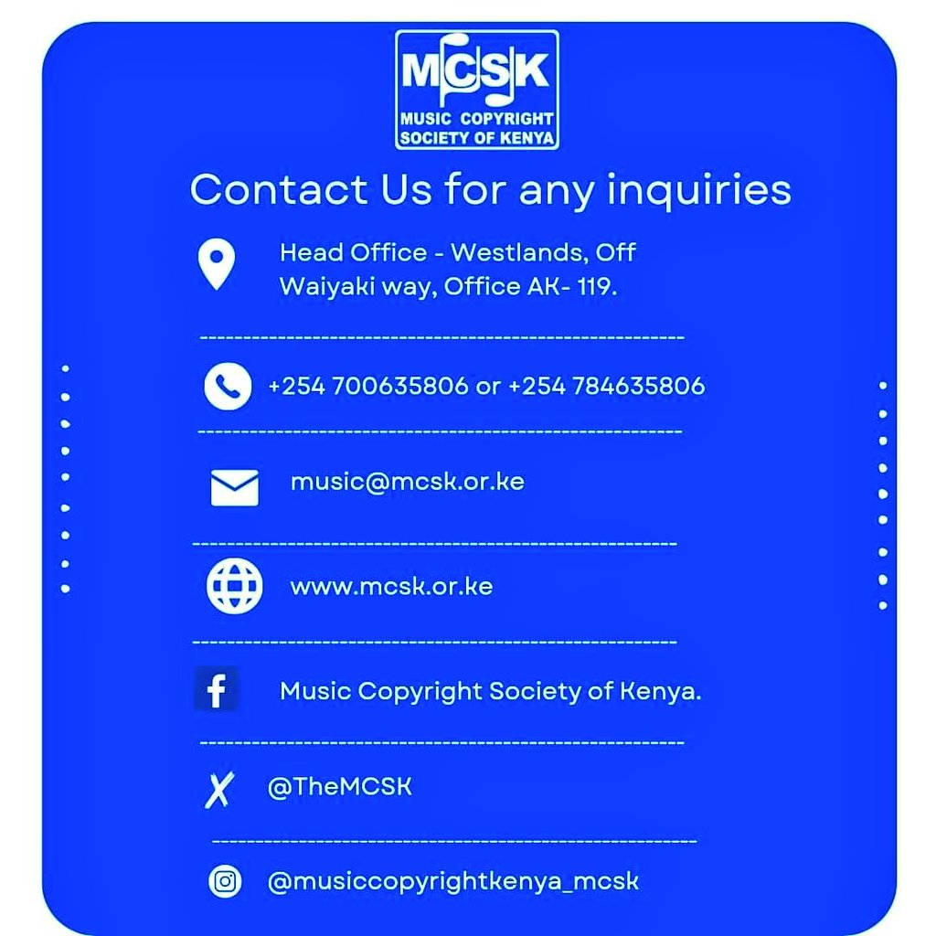 TheMCSK's tweet photo. We value your feedback. Contact us on 0700635806 for any inquiries regarding MCSK Membership or Music Copyright License.
#MCSKat40 https://t.co/klOzkcRDtt