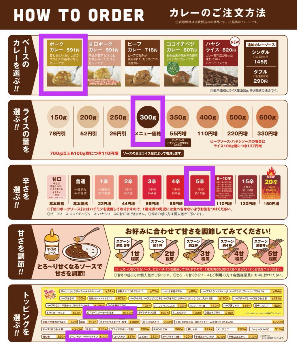 ジミンちゃんのCoCo壱メニュー🍛だそう！

⚪︎ベース:フォークカレー
⚪︎辛さ:5段階
⚪︎ご飯の量:300グラム
⚪︎トッピング:チキンカツ
　　　　　　エビフライ
　　　　　　ソーセージ

ご飯減らしたらいける？😋