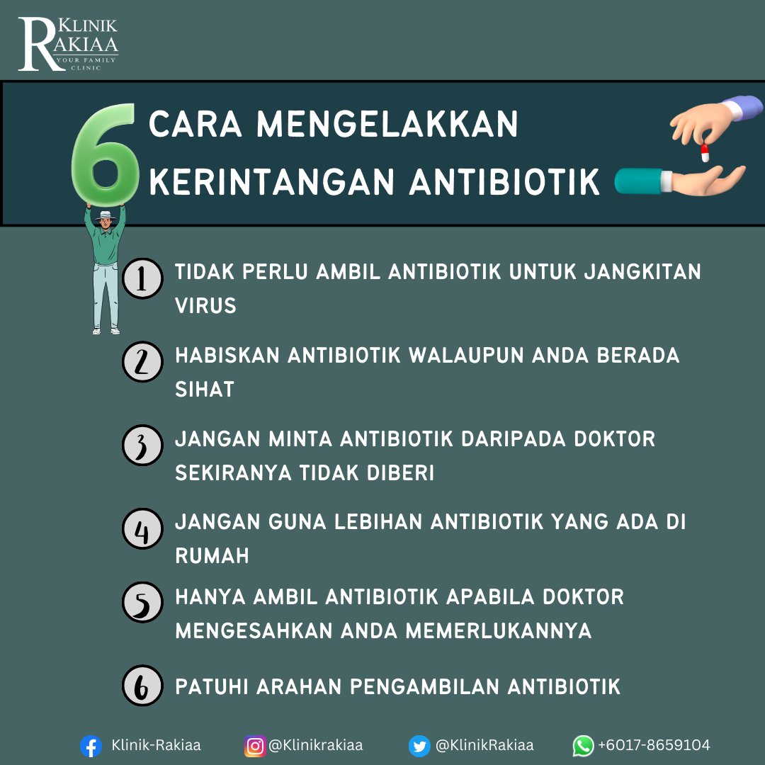 KlinikRakiaa's tweet photo. Antibiotik adalah ubat yang digunakan untuk merawat jangkitan yang disebabkan oleh bakteria.

Antibiotik perlu diambil mengikut dos dan jumlah yang dinasihatkan doktor.

Anda tidak digalakkan mengambil antibiotik tanpa nasihat doktor. https://t.co/1lvgqYkyPA