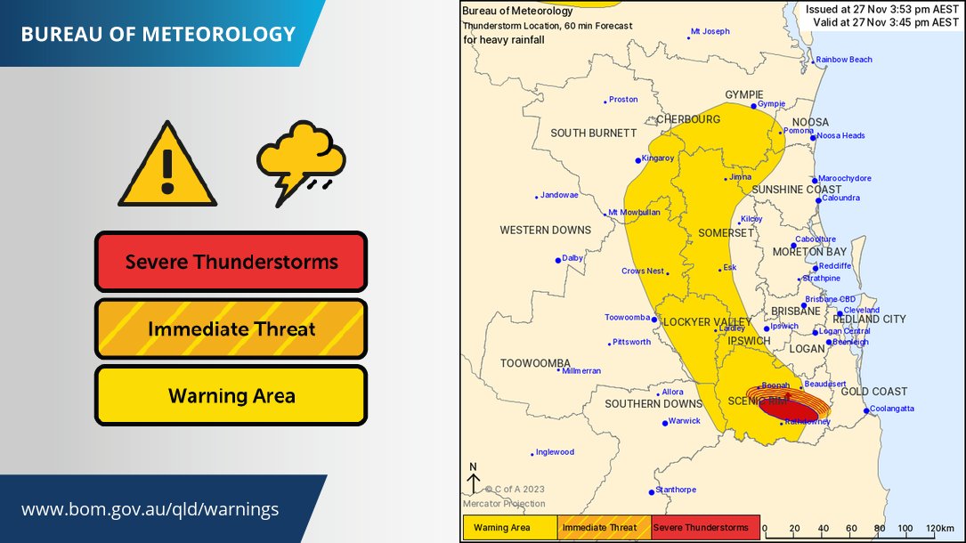 Severe Thunderstorm Warning - SE Queensland
for HEAVY RAINFALL
For people in parts of Scenic Rim and Gold Coast Council Areas.
These thunderstorms are slow-moving.
They are forecast to affect the area south of Canungra by 4:15 pm and Boonah by 4:45 pm.

ow.ly/kokk50QbnFg