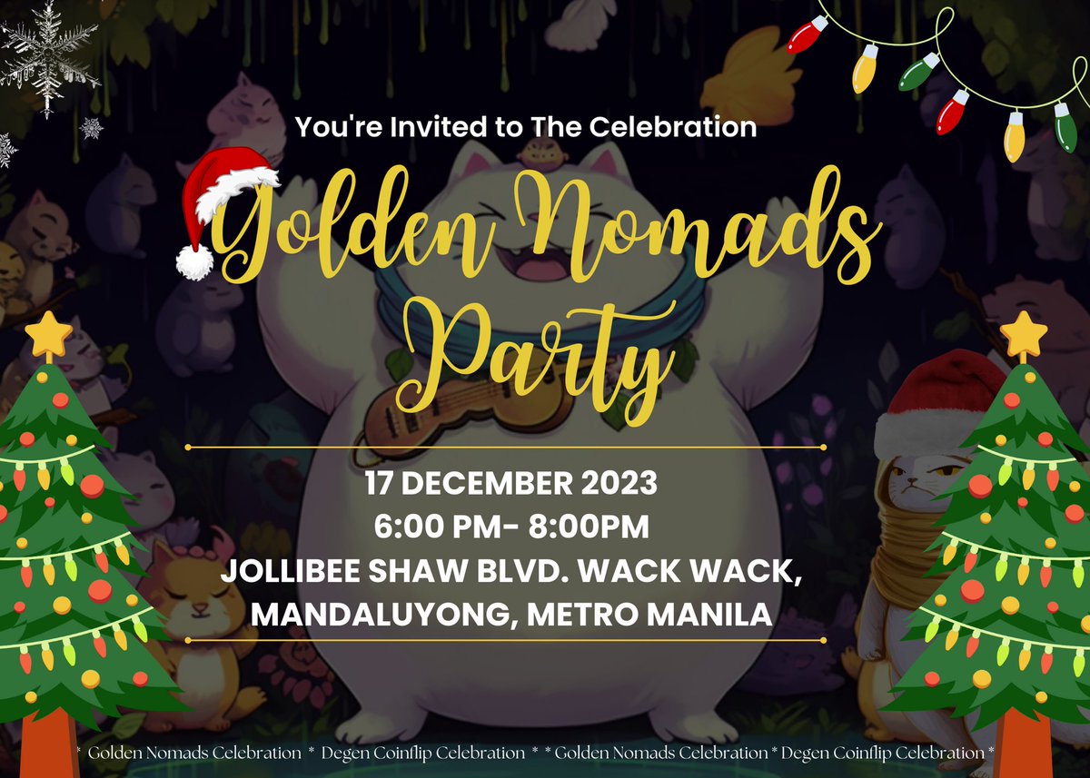 goldennomaddao's tweet photo. Counting down to the GND Xmas party in Manila! 🎉 Will you be there?!
Bring a friend and join the celebration! 
Free chicken, food, fun and good vibes! @goldennomaddao @degencoinflip #GNDXmasParty #ManilaFestivities https://t.co/njXjjJx6fk
