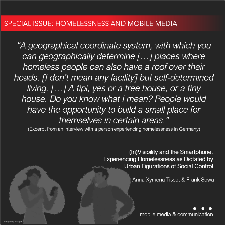 #SpecialIssue on #Homelessness features a new study by Anna Xymena Tissot & @frank_sowa @TH_Nuernberg. Explore the fears and desires of homeless individuals in Germany as they navigate between visibility and invisibility by way of a smartphone app. 📱🚶‍♂️ 👉journals.sagepub.com/doi/10.1177/20…