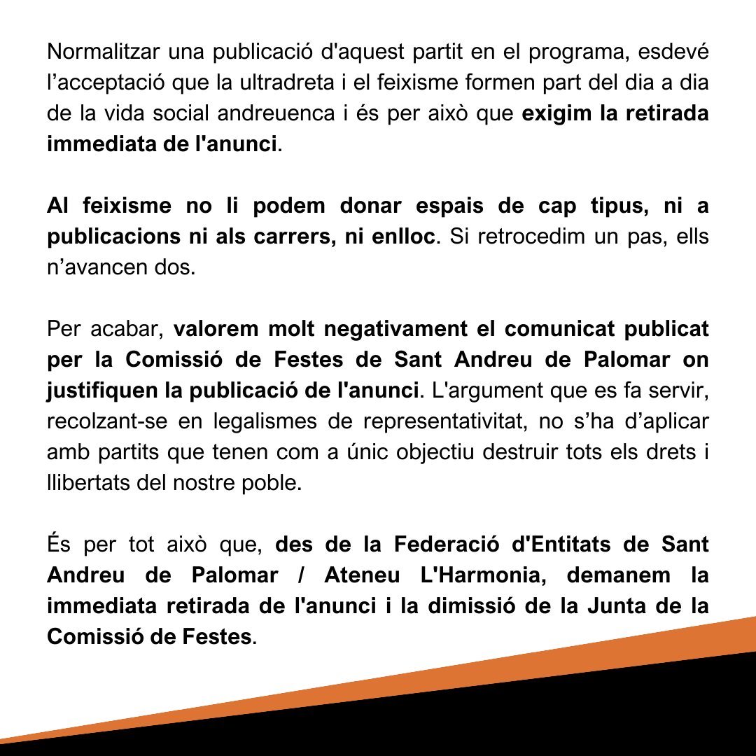AteneuHarmonia's tweet photo. Compartim aquest comunicat perquè no volem feixistes ni a la #FestaMajor ni a #SantAndreu ni enlloc!

Us animem a adherir-vos-hi a través d'aquest formulari: https://t.co/BiDmlyTBpb https://t.co/uEvhaGTNIO