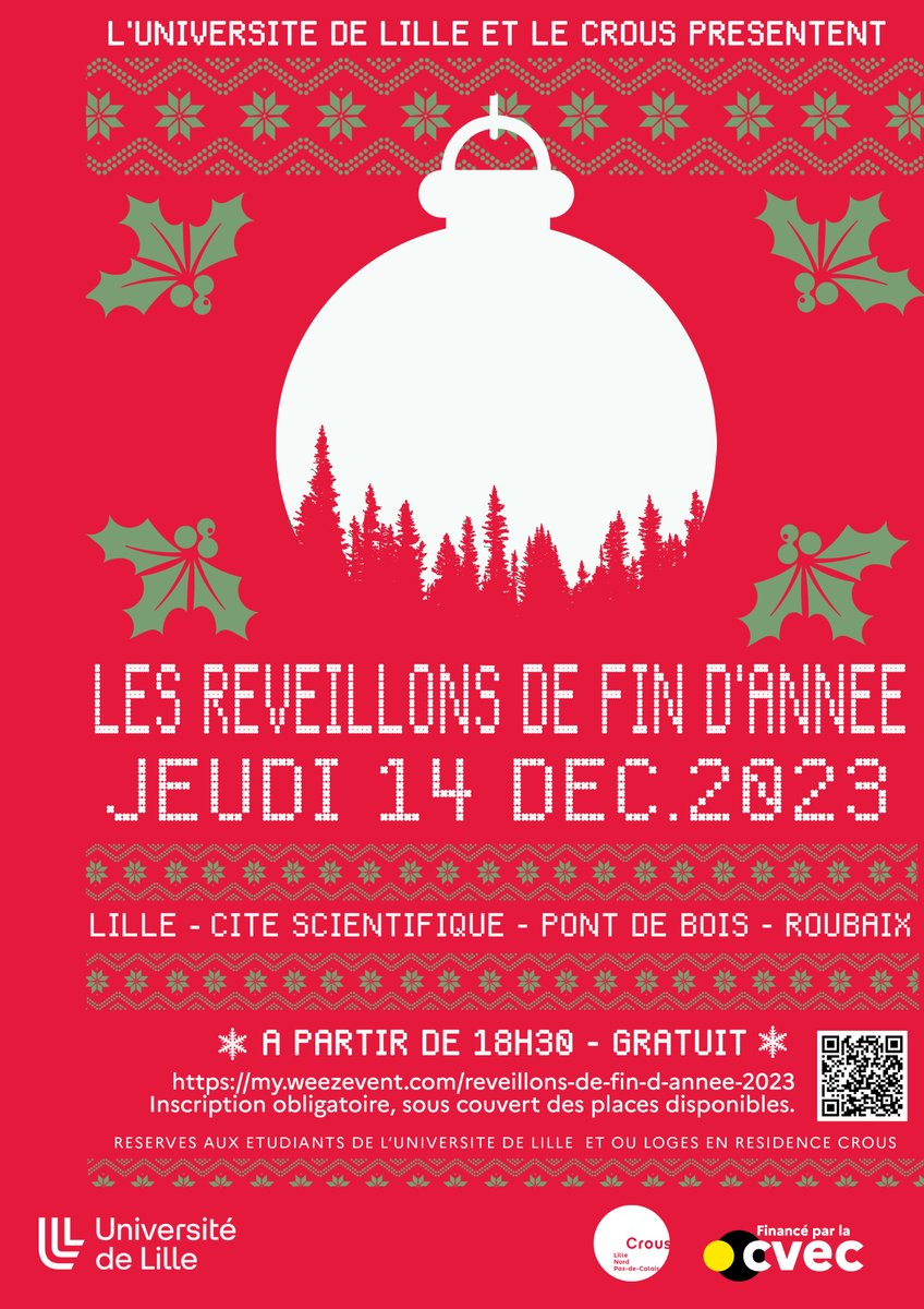 🎄 Réveillons solidaires :  il reste encore des places disponibles ! Ces soirées festives, conviviales et gratuites, organisées par l’Université de Lille avec le @CrousLille, s’adressent notamment aux étudiant·es éloigné·es de leurs proches et se dérouleront le 14 décembre.