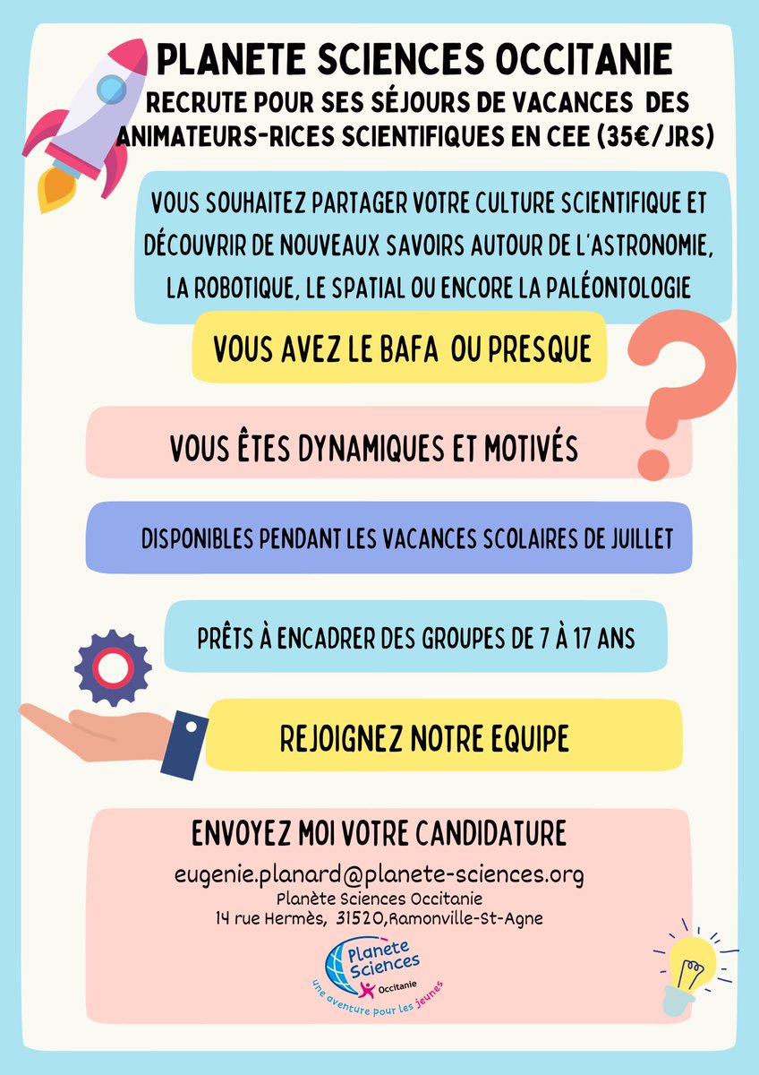 PlanetSciOccit's tweet photo. [Recrutement 🌟 ] Animateurs-rices scientifiques en CEE pour nos centres de loisirs et séjours d'été ! 🌞 Rejoignez notre équipe en tant qu'animateur-rice ! 🙋‍♀️ 🙋‍♂️ 

📩 Candidature à envoyer à eugenie.planard@planete-sciences.org
#recrutement #animationscientifique #sciences #fun https://t.co/kERxYZxZRs