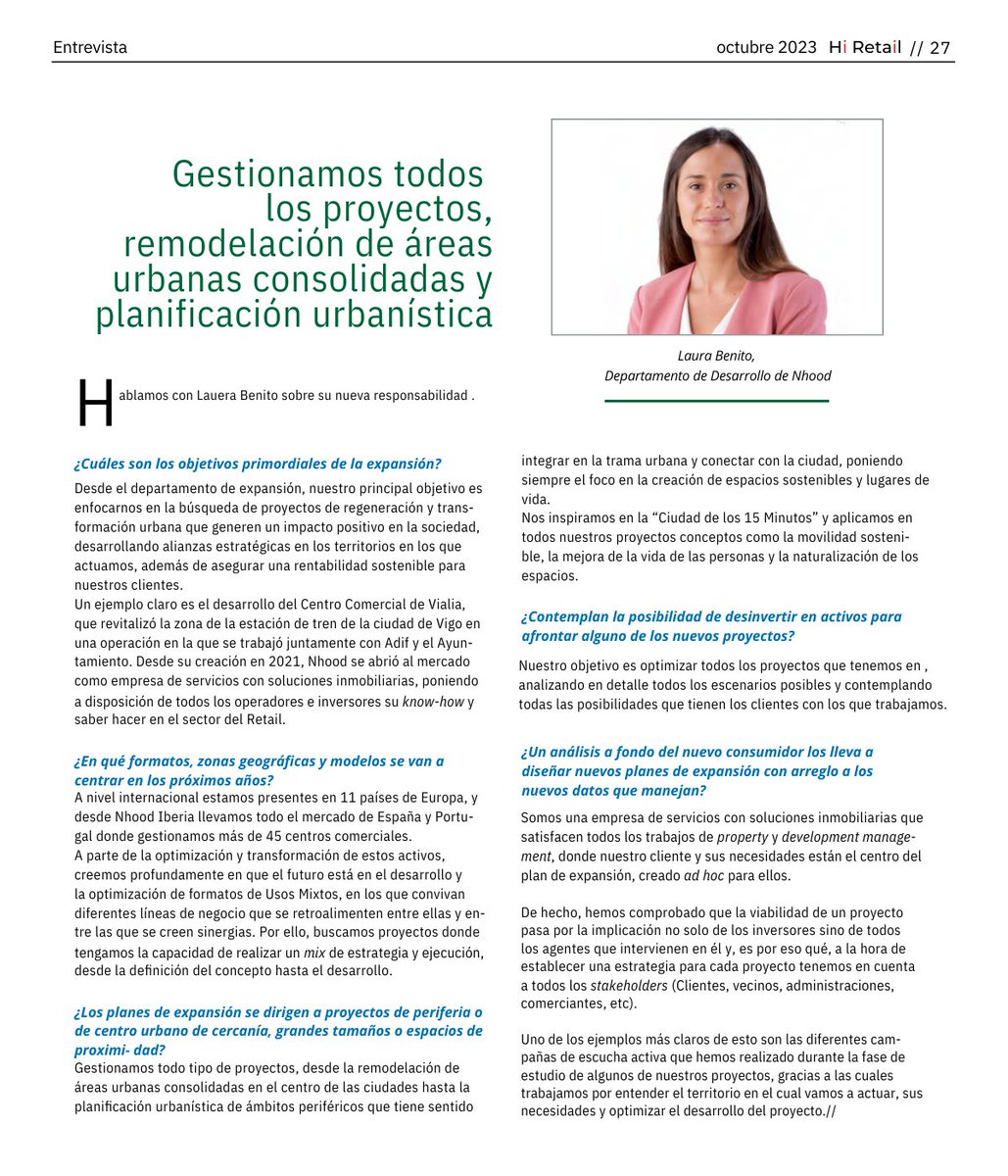 #Talento📈Laura Benito, responsable de expansión en NHOOD y titulada de la primera promoción de <a href="/GradoInmoUPM/">Grado Inmobiliario UPM</a>, en la revista Hi Retail.

Su bagaje incluye la identificación de oportunidades, análisis de viabilidad y el estudio económicos para proyectos de transformación.