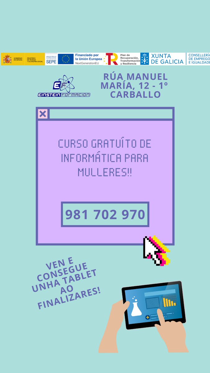👩  Es muller e gustaríache aumentar os teus coñecementos no uso das novas tecnoloxías ⁉

➡ Apúntate ao noso CURSO 100% GRATUÍTO de COMPETENCIAS DIXITAIS!! 📲

Chámanos: 981 702 970 ☎