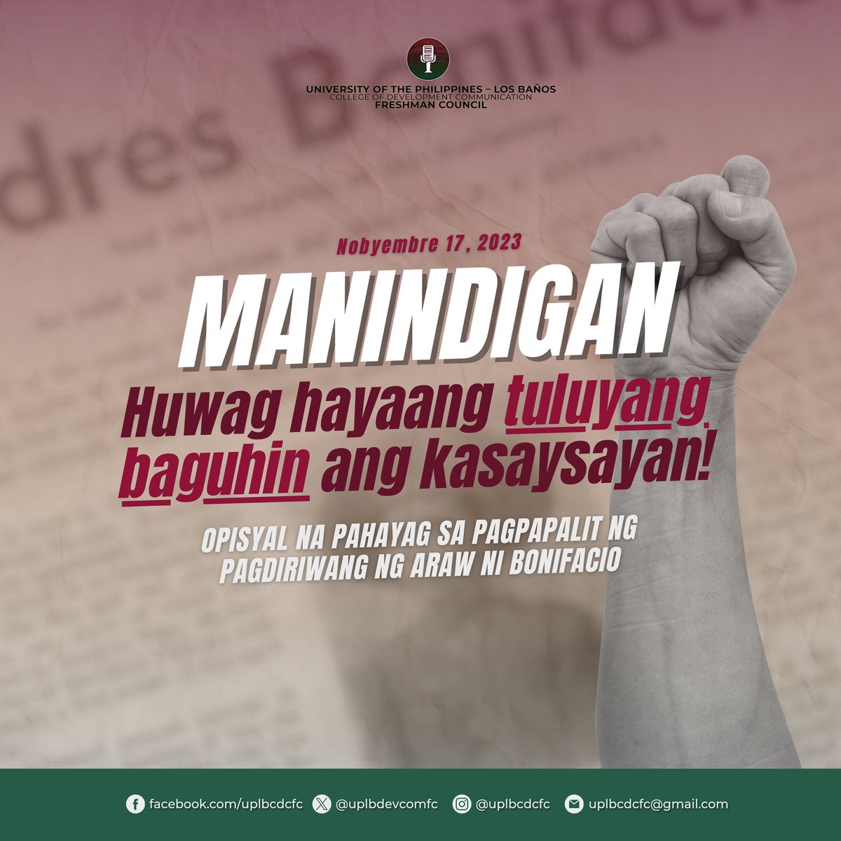 uplbdevcomfc's tweet photo. [PAHAYAG NG CDC FBA SA PAGBABAGO NG REHIMENG MARCOS-DUTERTE SA PETSA NG ARAW NI BONIFACIO PARA SA TAONG 2023]

Manindigan at huwag limutin ang kasaysayan!

Basahin ang buong pahayag: https://t.co/0GBvffwEpJ

#BonifacioDay2023
#30not27
#CDCFC23 https://t.co/0wqwz5KKRA