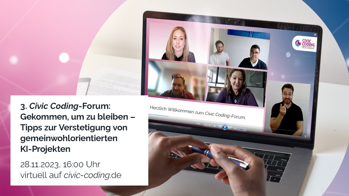 Wie können #KI-Anwendungen für das #Gemeinwohl langfristig umgesetzt &amp; verstetigt werden? In unserem dritten #CivicCoding-Forum „Gekommen, um zu bleiben“ sprechen wir darüber mit Expert:innen.
📅 Live auf dem Civic Coding-Webportal am 28.11. um 16 Uhr! 👉 brnw.ch/21wEN6v