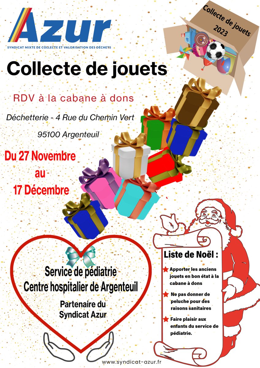 Syndicat Azur (@syndicatazur) on Twitter photo Du 27 novembre au 17 décembre, grande #collecte de #jouets au profit du service de pédiatrie de <a href="/CH_Argenteuil/">Hôpital d'Argenteuil</a>
Les habitants de <a href="/VilleArgenteuil/">Argenteuil</a> <a href="/villedebezons/">Ville de Bezons</a> <a href="/VilleCormeilles/">Ville de Cormeilles</a> et #lafrettesurseine sont invités à déposer des jouets à la #cabaneàdons de la déchetterie Du 27 novembre au 17 décembre, grande #collecte de #jouets au profit du service de pédiatrie de <a href="/CH_Argenteuil/">Hôpital d'Argenteuil</a>
Les habitants de <a href="/VilleArgenteuil/">Argenteuil</a> <a href="/villedebezons/">Ville de Bezons</a> <a href="/VilleCormeilles/">Ville de Cormeilles</a> et #lafrettesurseine sont invités à déposer des jouets à la #cabaneàdons de la déchetterie