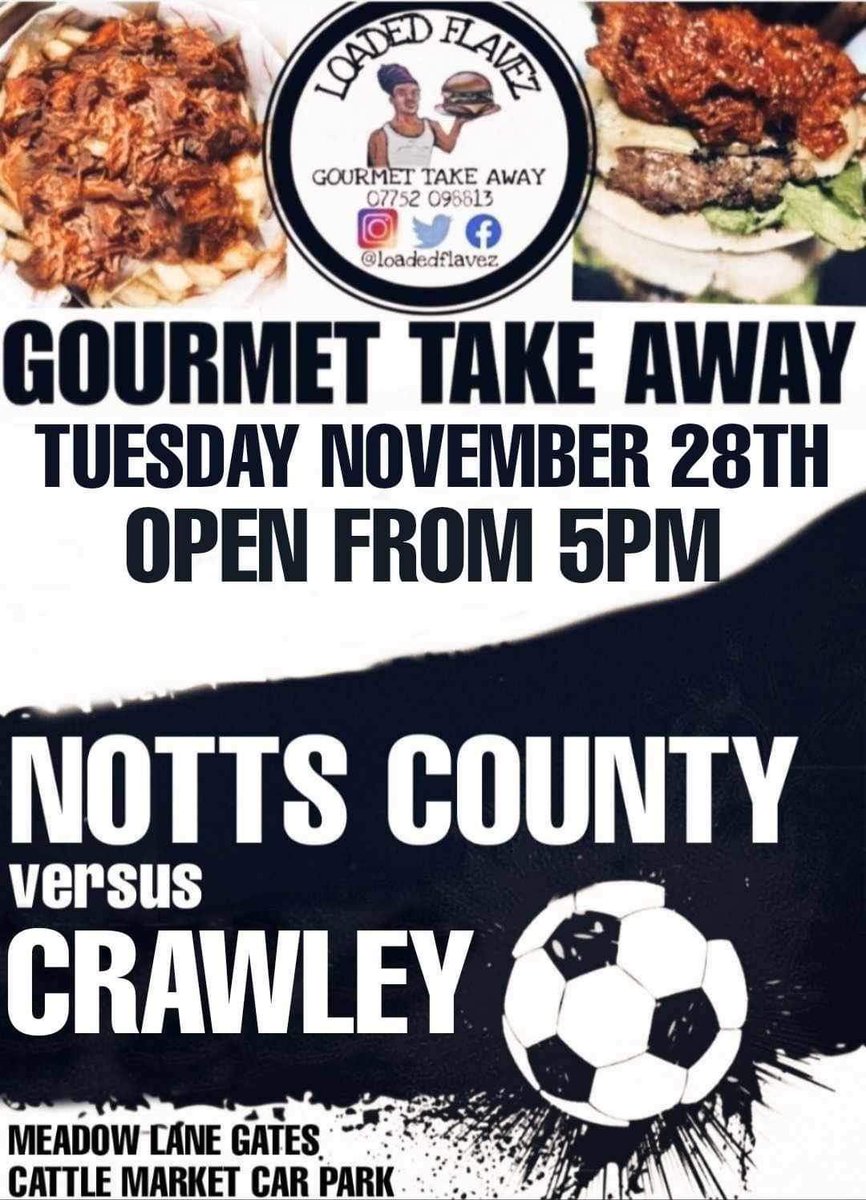 LoadedFlavez's tweet photo. See you tomorrow!
#ncfc #nottscounty #gourmetfood #matchday #nottingham #nottinghamfootball #efl #crawleytowm https://t.co/AcGeiZ5hD7