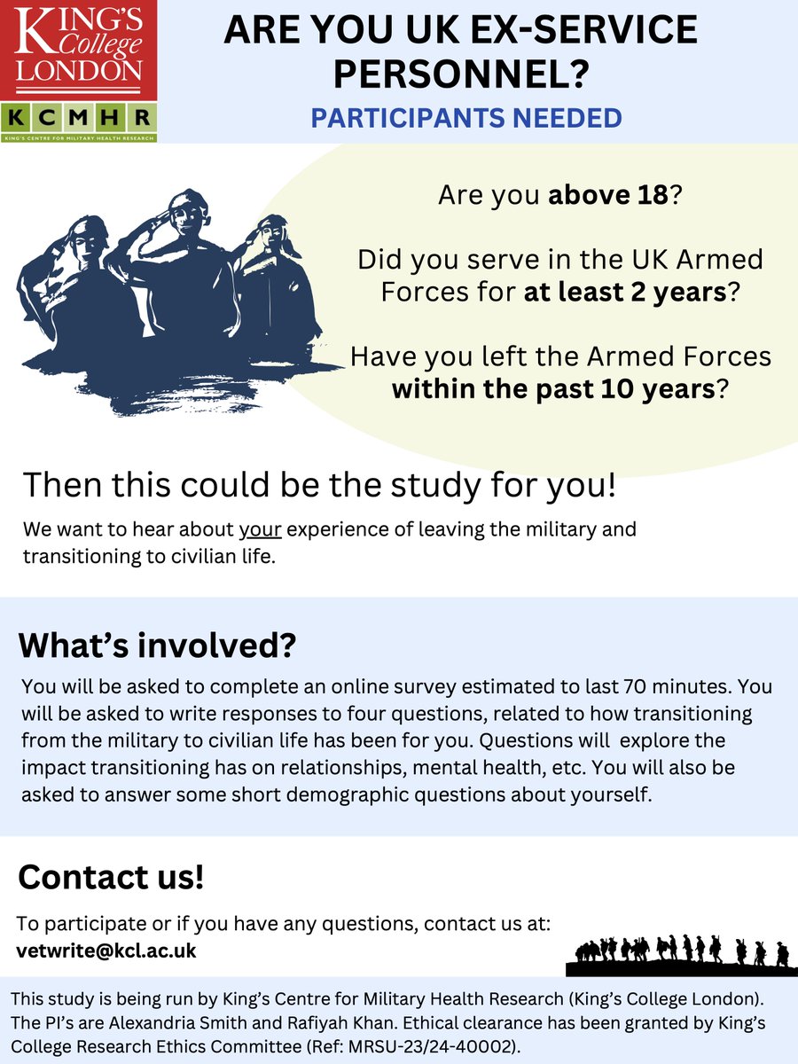 🗣️UK EX-SERVICE PERSONNEL🗣️ Have you served in the UK Armed Forces and want to take part in research to help us understand the transition experience of #UKExServicePersonnel after service? If so, please take part in our online writing task. Please contact: vetwrite@kcl.ac.uk