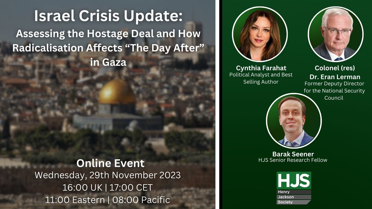 Join us on Wednesday for an online briefing on the latest events in Israel and Gaza. We we will have an expert panel providing analysis, including @cynthia_farahat and @EranLerman. RSVP: henryjacksonsociety.org/event/israel-c…