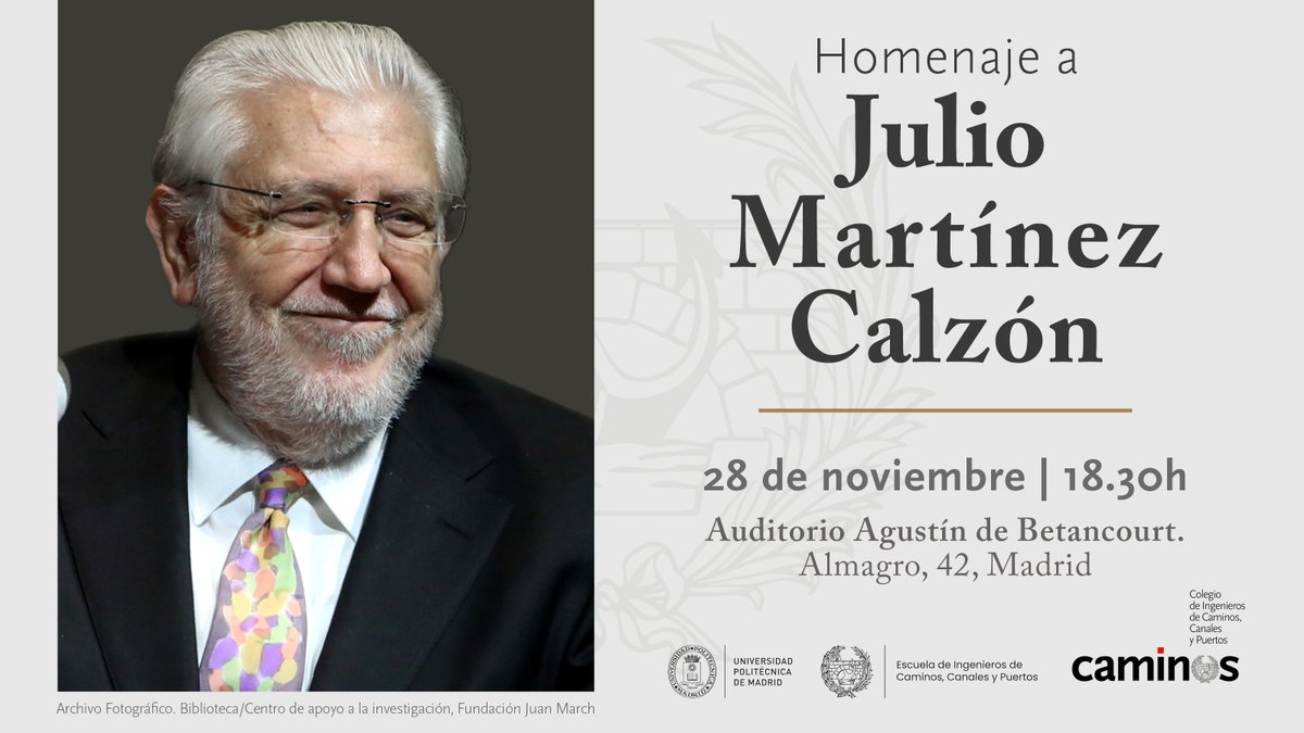 El <a href="/Colegiocaminos/">Colegio de Ingenieros de Caminos</a> rinde homenaje a Julio Martínez Calzón, Premio Nacional de Ingeniería y Medalla al Mérito Profesional del Colegio

🗓️ 28/11
⌚️ 18:30
📝 ow.ly/LrpH50Q8qjU

Pgm: ow.ly/oo2q50Q8EKn

A las 17.30, visita al Puente de Juan Bravo con <a href="/Jorge_Bernabeu/">Jorge Bernabeu</a>