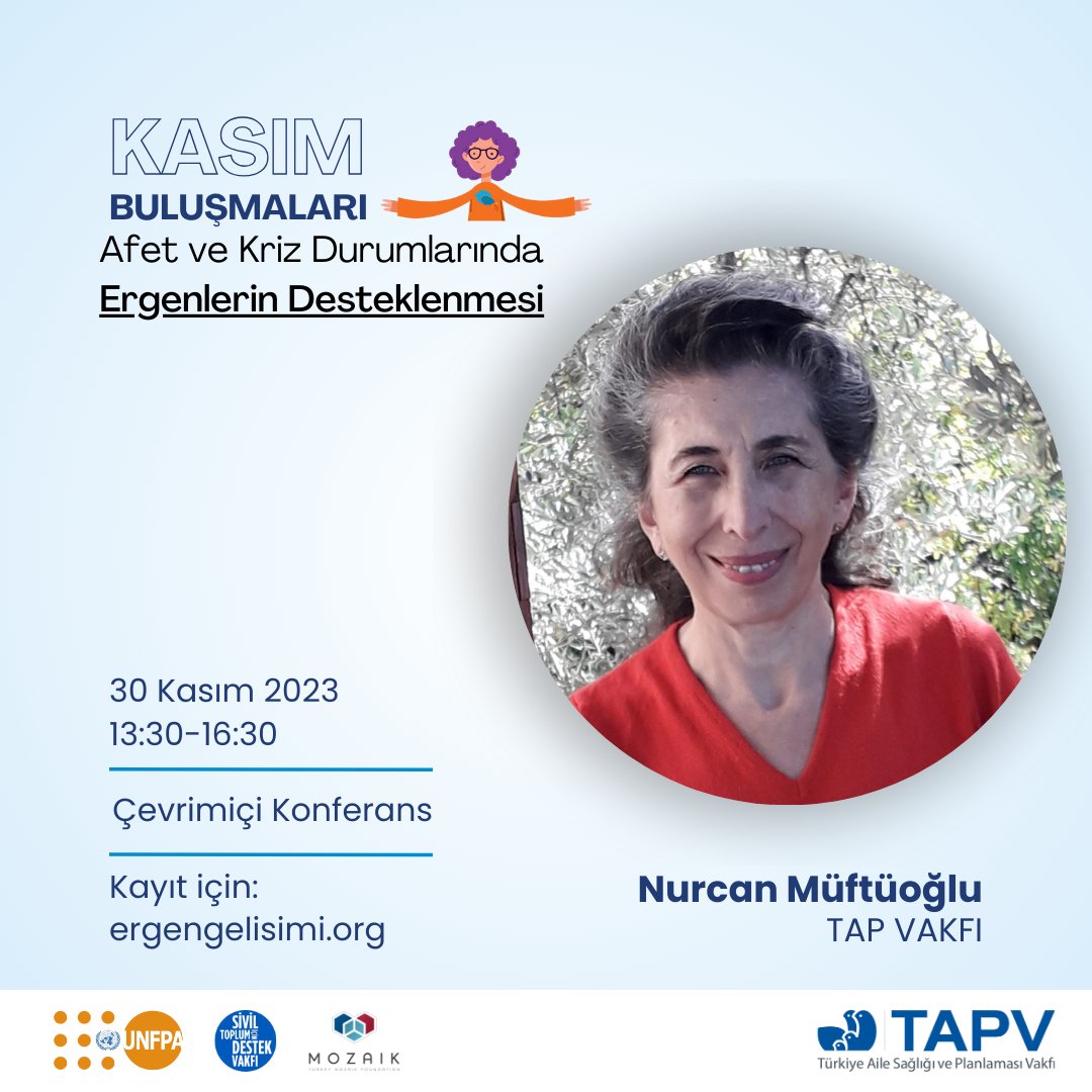 30 Kasım’da <a href="/unfpaturkiye/">UNFPA in Türkiye</a>’den Gökhan Yıldırımkaya ve TAP Vakfı’ndan Nurcan Müftüoğlu bizlerle.

Kasım Buluşmalarına ergenlerle çalışan tüm uzmanları ve kurumları bekliyoruz!
Kayıt olmayı unutmayınız!

Kayıt ve detaylı bilgi için hemen tıklayın: ergengelisimi.org/kasim-bulusmal…