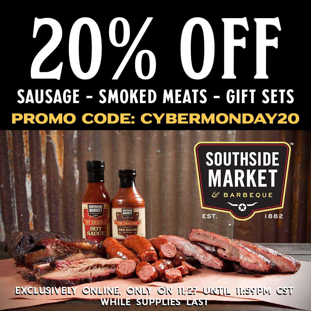 🌟 IT'S HERE! Enjoy a mouthwatering 20% off on sausage, smoked meats and gift sets in our online shop. Use promo code: CYBERMONDAY20 and save big! Don't miss out - SHOP NOW! 💻✨ southsidemarket.com/collections #CyberMonday #TasteTheTradition #SavorTheSavings