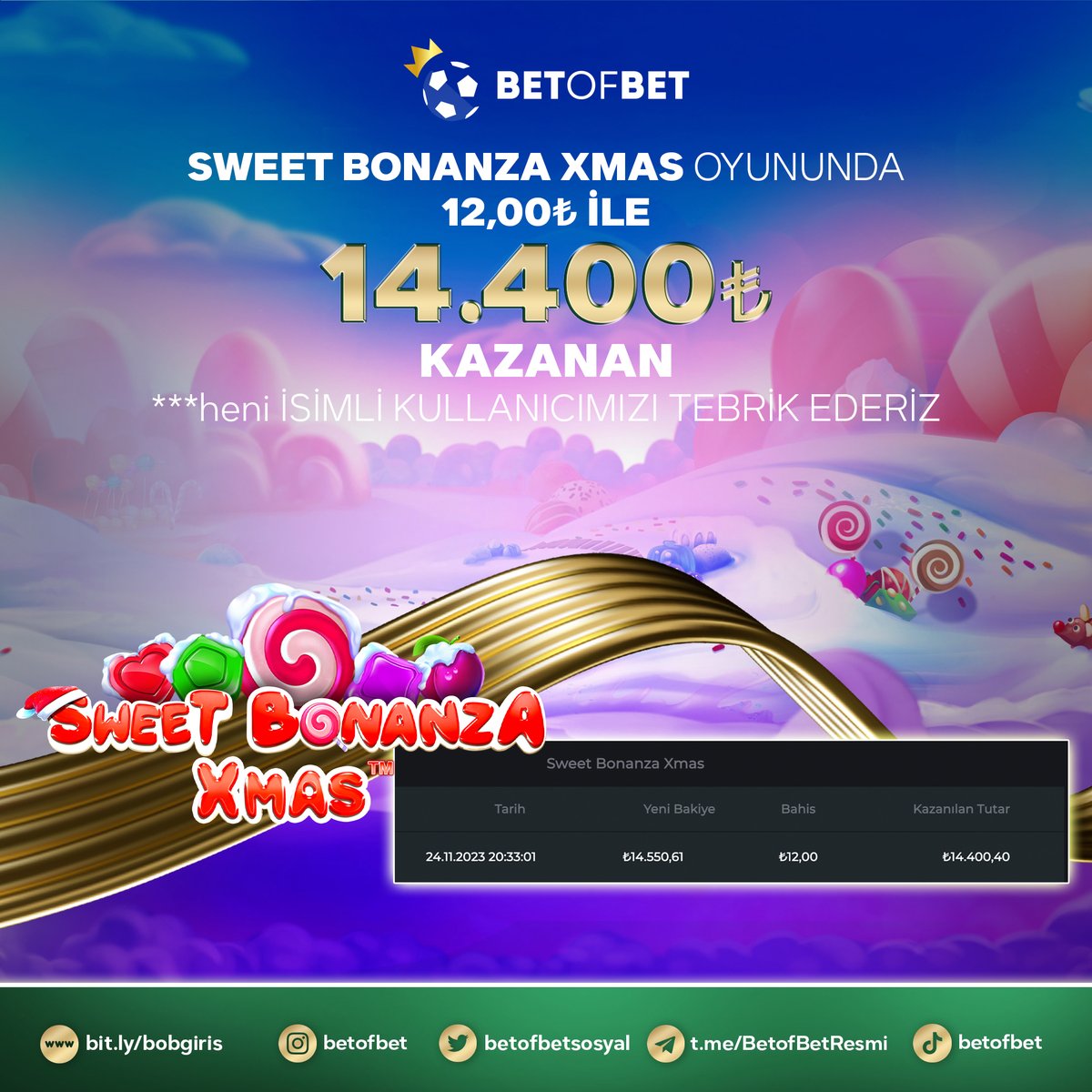 🍭Sweet Bonanza Xmas oyununda 12₺ karşılığında 14.400₺ kazanan üyemizi tebrik ederiz!

🟢BetofBet ile sende kazan!

💰En çok kazandıran adres, BetofBet!

🎁%100 Casino Hoş Geldin Bonusu

✅Güncel adresimiz: bit.ly/bobgiris