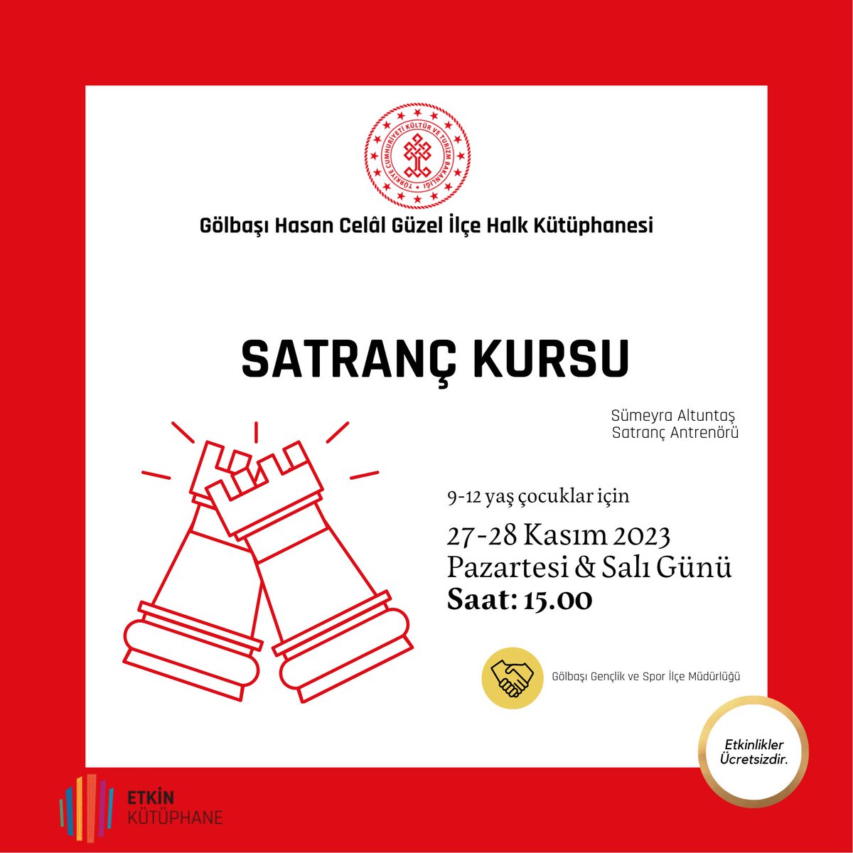 Satranç Kursu Etkinliği, her hafta pazartesi ve salı günleri, Satranç Antrenörü Sümeyra Altuntaş’ın eğitmenliğinde devam ediyor. 

Aralık ayı kurs kayıt başvurularınız için bekliyoruz. 

#satranç 

<a href="/tckulturturizm/">T.C. Kültür ve Turizm Bakanlığı</a> 
<a href="/ktbkygm/">KYGM</a>